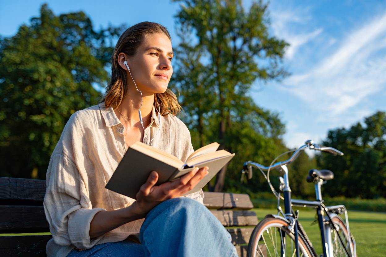 Девушка сидит на скамейке и читает
